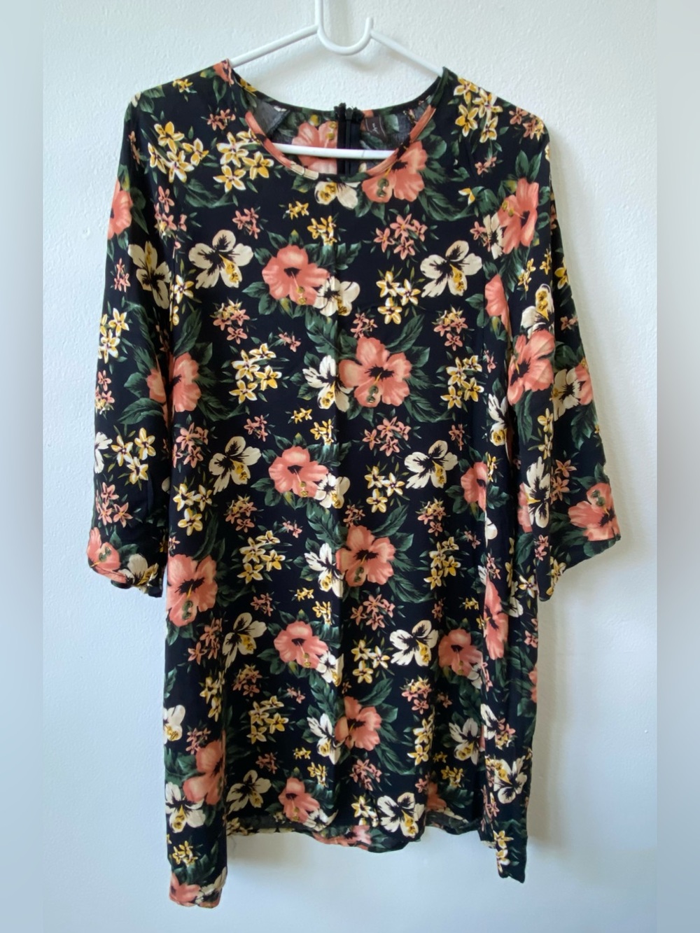 Black Floral Women’s mini dress with Coral and Cream Flowers L